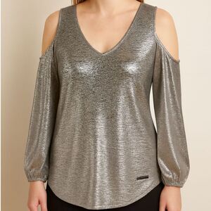 Jones New York Signature Cold Shoulder Metallic Grey Knit Top Size S NWT